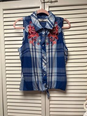 Nwot Idyllwind Blue Plaid Sleeveless Button-Up Top with Red Rose Embroidery